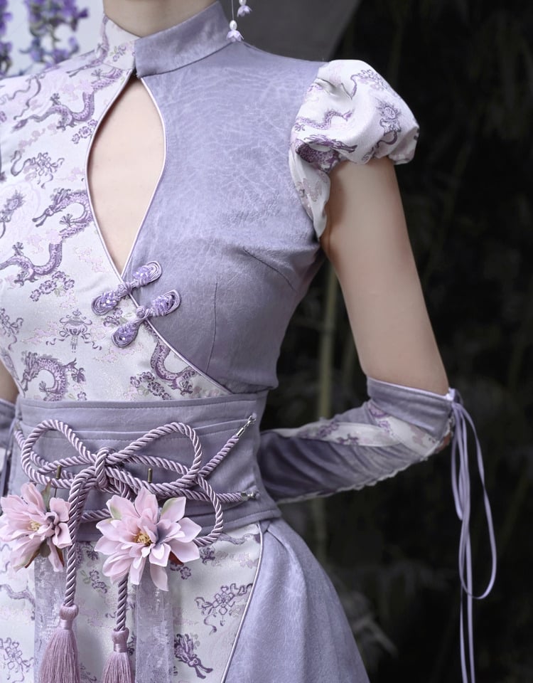 Purple Puff Sleeves Cutout Short Qipao Dress Shorts Lined