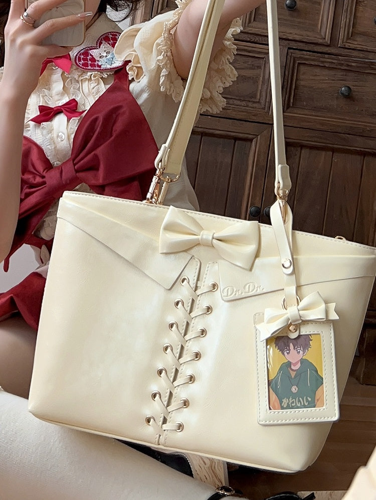 Light Yellow Bow Accents Lace-up Detail Ita Shoulder Bag with Free Charm