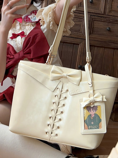 Light Yellow Bow Accents Lace-up Detail Ita Shoulder Bag with Free Charm