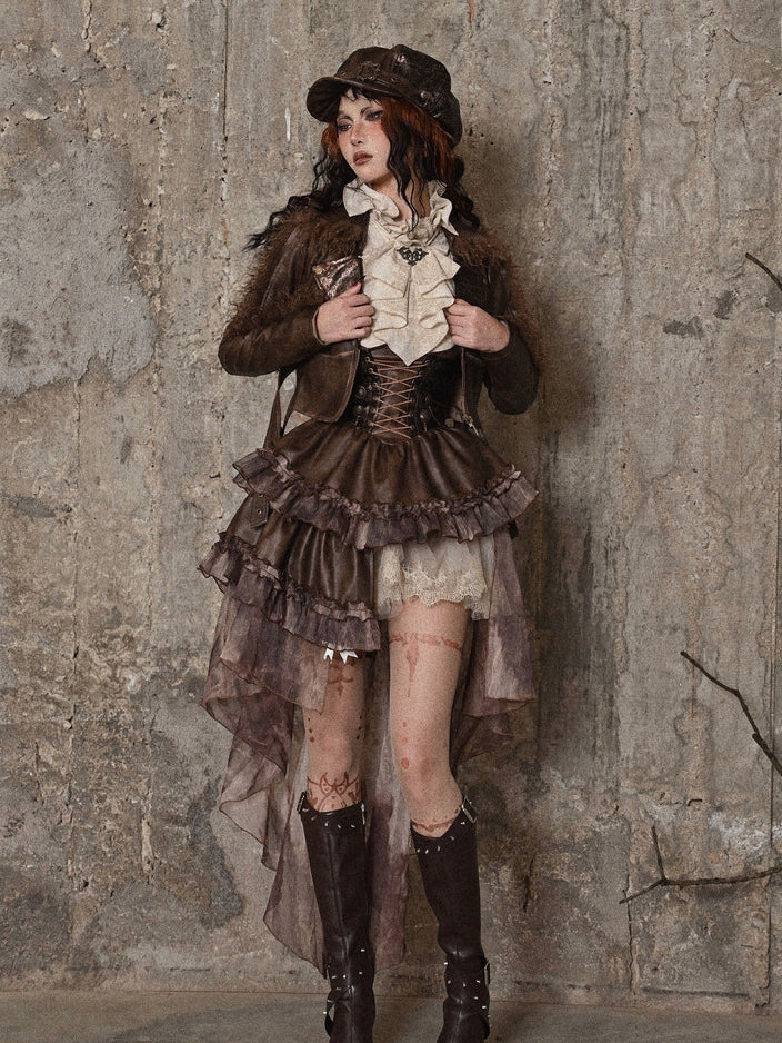 Brown Western Style Steampunk Asymmetrical PU Overall Dress with Detachable Train