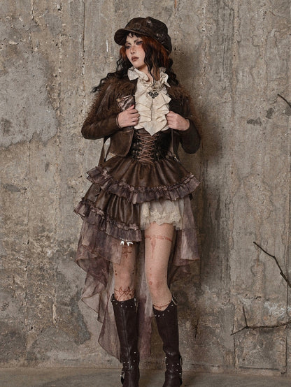 Brown Western Style Steampunk Asymmetrical PU Overall Dress with Detachable Train