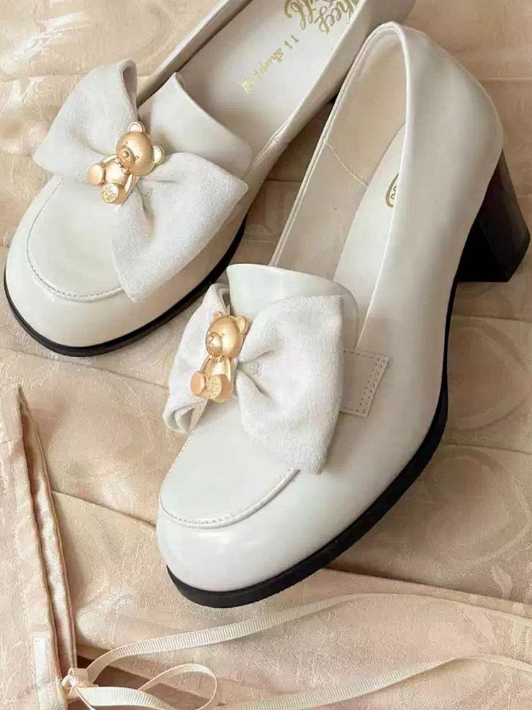 Beige Bear Decorated Bow at Top Loafers