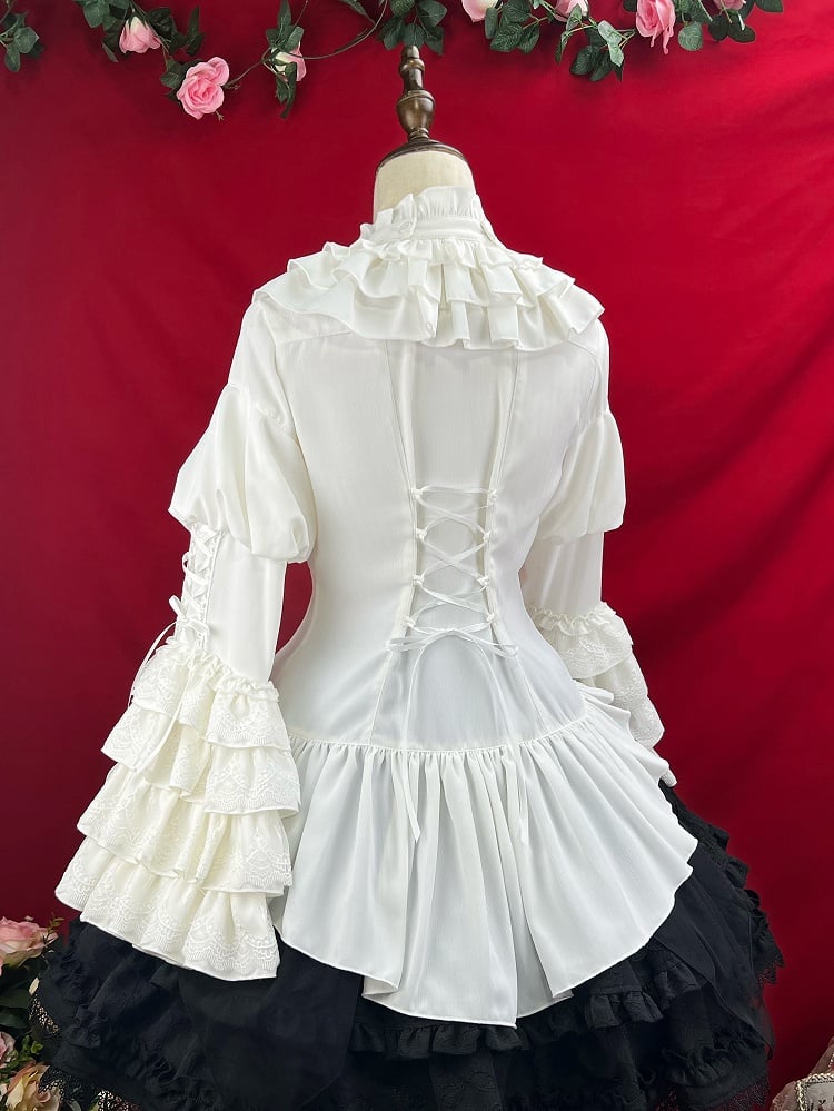 White Layered Bell Sleeves Shiro Gothic Lolita Shirt with Jabot Tie