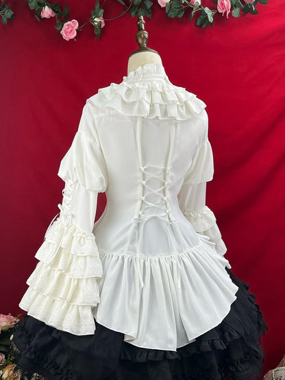 White Layered Bell Sleeves Shiro Gothic Lolita Shirt with Jabot Tie
