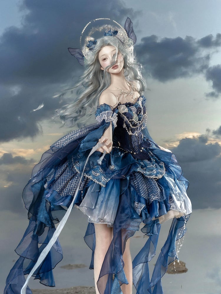 Deep Sea Blue Corset Waist Princess Lolita Beads and Sequins Detail Cascading Ruffle Accents Fairy Layered Dress