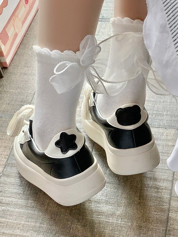 Black Daily Kawaii Shoes - White Platform Sole, Star & Bear Patchwork Design