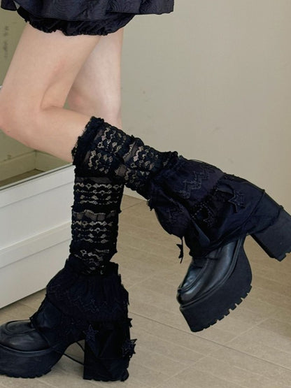 Black/White Y2K Floral Pattern Ruffled Cuff Star Charms Leg Sleeves