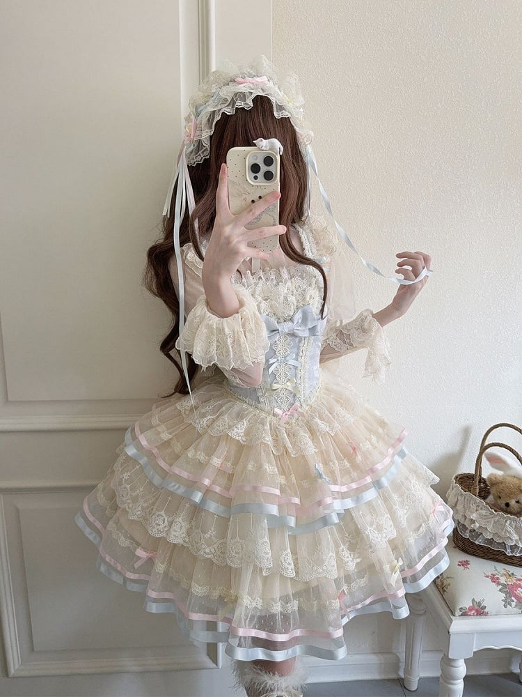 Blue Corset Waist Layered Tulle Skirt Princess Lolita JSK with Big Bow at Back