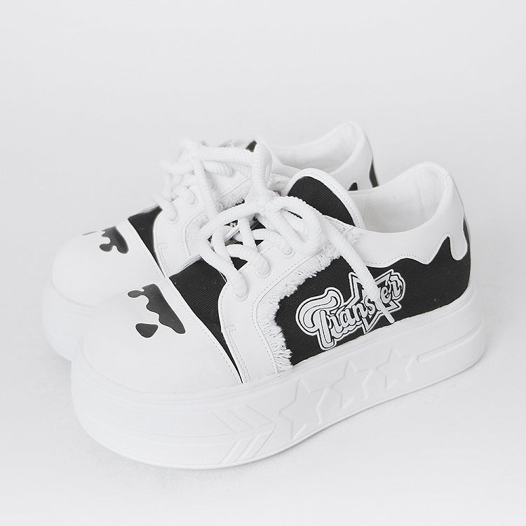 Black & White Otaku-Kwaii Platform Shoes - Lace-Up Design with Letter Print & Raw Edge Trim