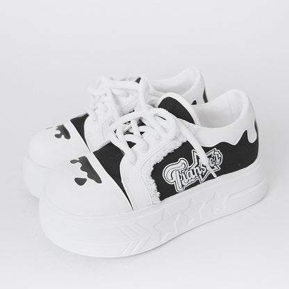 Black & White Otaku-Kwaii Platform Shoes - Lace-Up Design with Letter Print & Raw Edge Trim