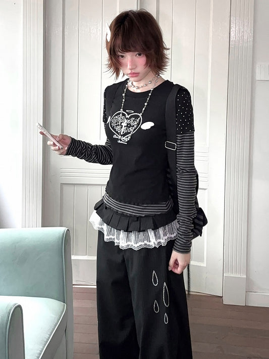 Black & Gray Stripe Top with Star Print Faux Two-pieces Design