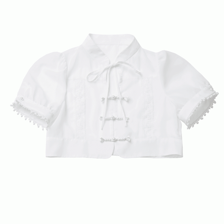 White Banded Collar Beaded Cuffs Cheongsam Style Knot Buttons Coverup