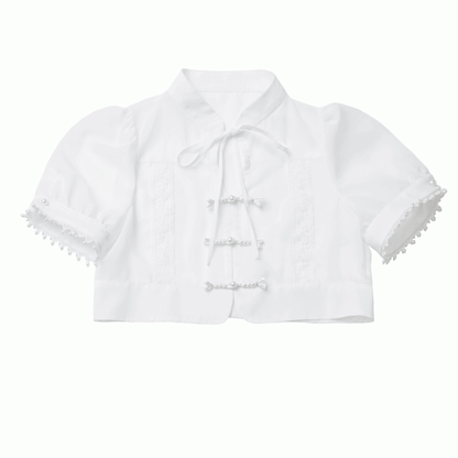 White Banded Collar Beaded Cuffs Cheongsam Style Knot Buttons Coverup