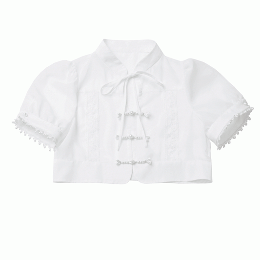 White Banded Collar Beaded Cuffs Cheongsam Style Knot Buttons Coverup