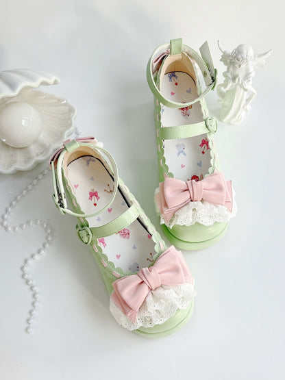 Apple Green Bow at Top Lace Trim Heart Buckles Platforms