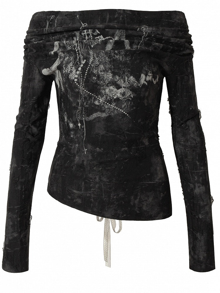 Wasteland Punk Black Off-the-shoulder Neckline Lace-up Design Top