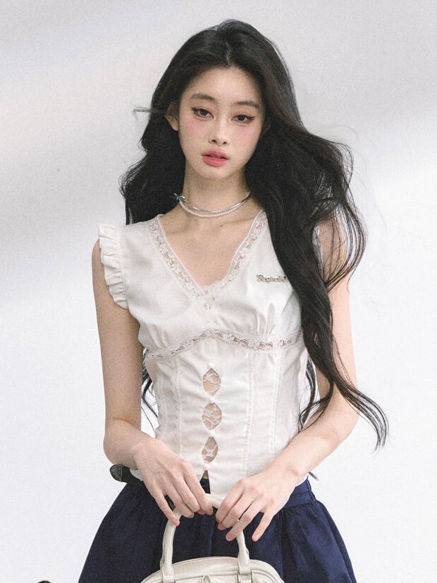 White V-neck Cutout Details Lace Patches Flutter Sleeves Top