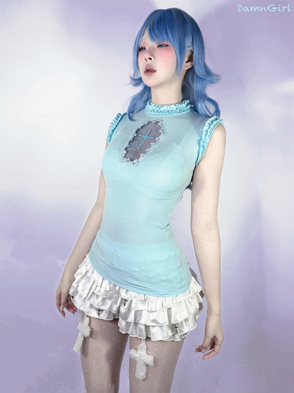 Light Blue Mock Neck Coffin-Shaped Cutout Pastel Goth Sleeveless Top