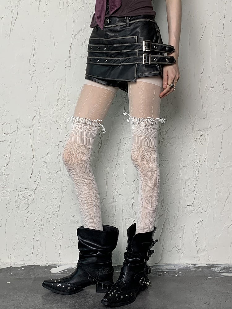 White Y2K Floral Pattern Hollowed-out Overknee Stockings