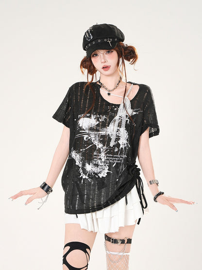 Self-tie Straps Neckline Butterfly Print Black/White Distressed Holes T-shirt