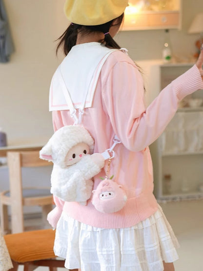 Cute Little Lamb White Plush Backpack/Crossbody Bag + Keychain