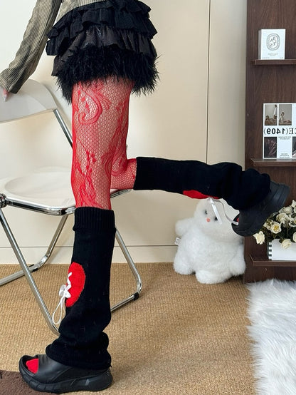 Red/Black/White Hollow-out Design Tights