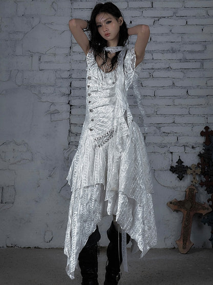 White Wasteland Punk Lace-up Design Handkerchief Hem Sleeveless Dress