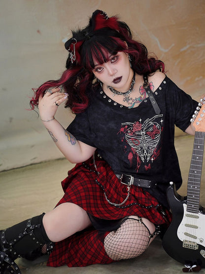 Plus Size Black Skeleton Print Punk T-shirt Buckle Shoulder Strap