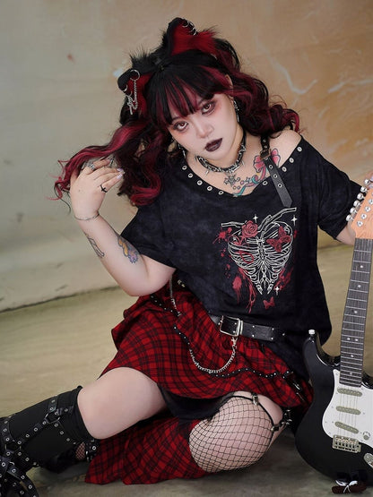 Plus Size Black Skeleton Print Punk T-shirt Buckle Shoulder Strap