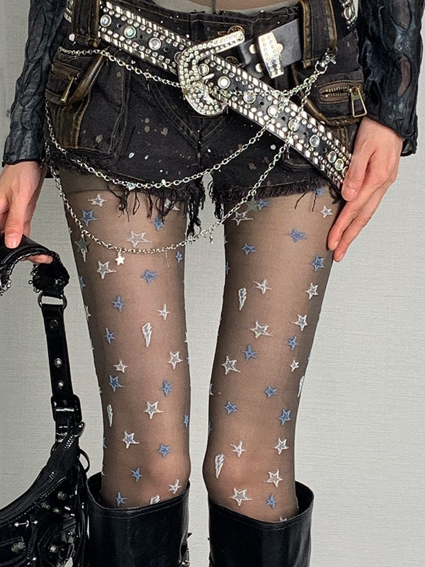 Black Punk Star And Lightning Pattern Tights