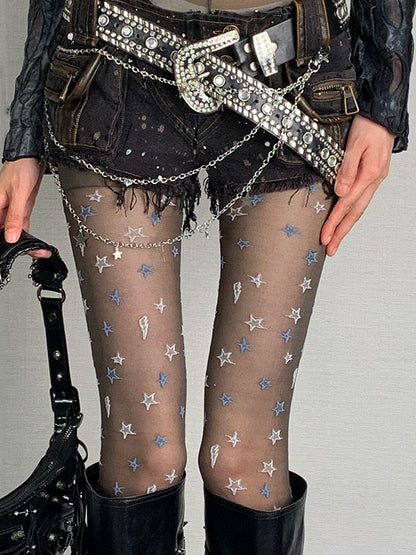 Black Punk Star And Lightning Pattern Tights