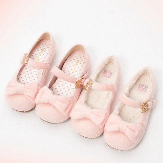 Plush Sweet Pink Flat Shoes for Lolita with Decorative Bow & Hugging Bear Clasps - Regular/Thicken Version