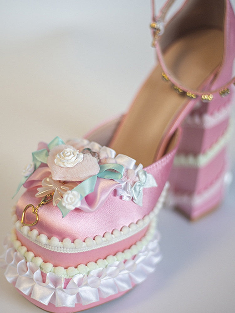 Pink & Green Sweetheart and Bowknot Sweet Lolita High Block Heel Platforms