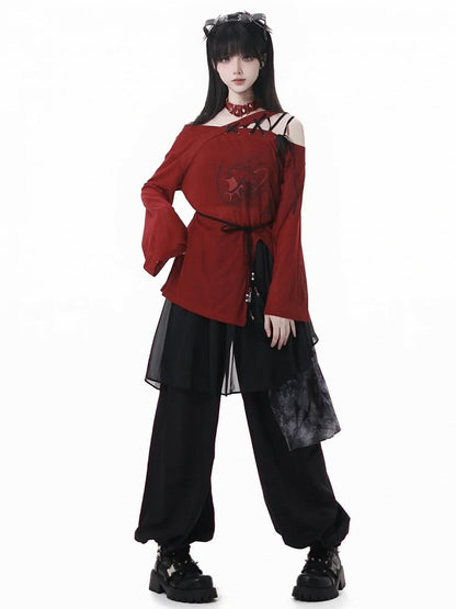 Cheongsam Style Tie Dye Mesh Patchwork Elastic Waist and Cuffs Black Casual Pants