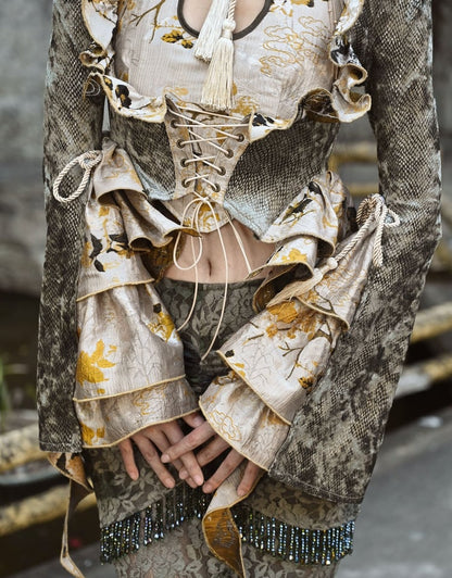 Dusty Green Under Bust Snakeskin Grain Jacket Cascading Ruffle Trim