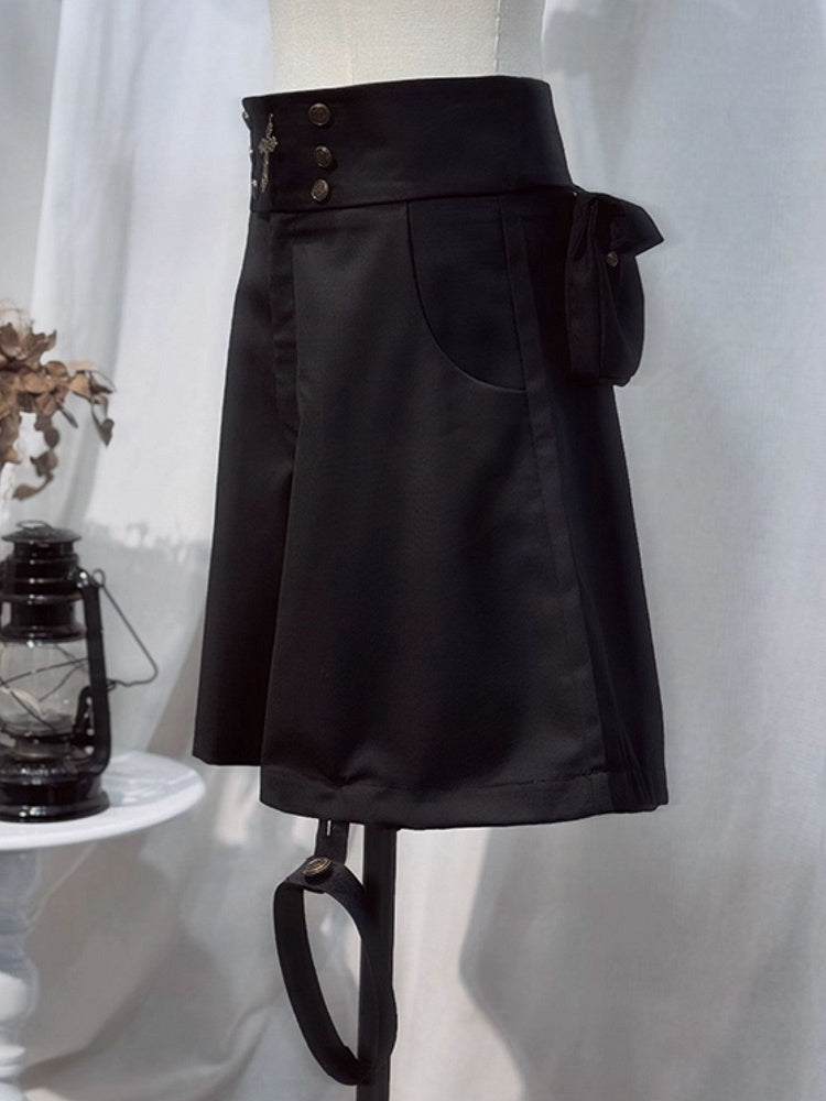 Ouji Lolita White and Black Five-Piece Set - Lace Collar Top + Detachable Pointed Hood + Ribbons + Shorts + Garter