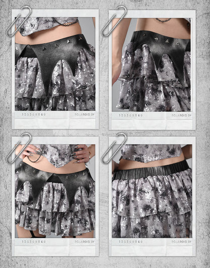 Y3K Fashion Futuristic Silver Gray Low Waist Bat Wing Detail Waistband Sequins Tiered Cyberpunk Skirt