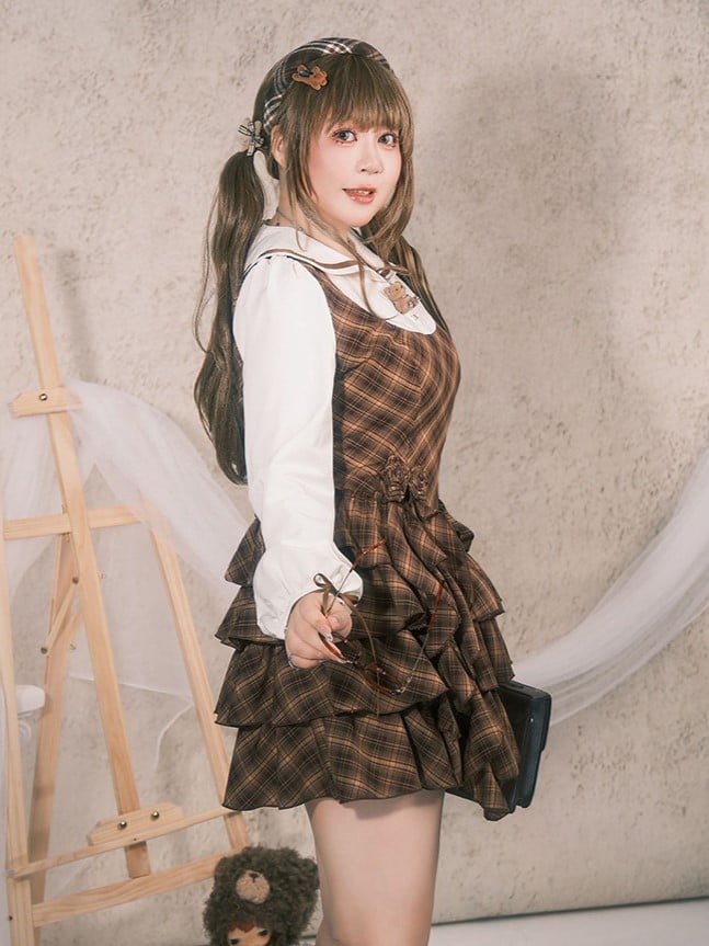 Plus Size Preppy Tiered Brown Plaid Dress with Sailor Collar & Detachable Roses