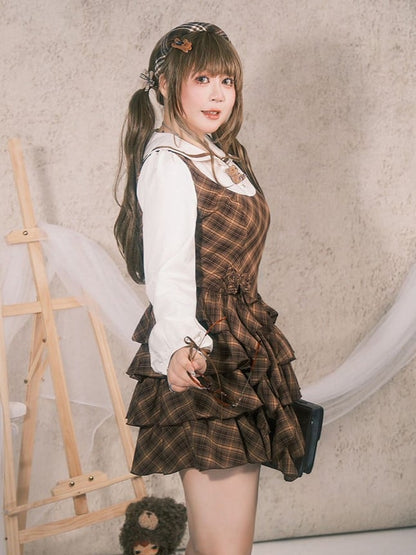 Plus Size Preppy Tiered Brown Plaid Dress with Sailor Collar & Detachable Roses