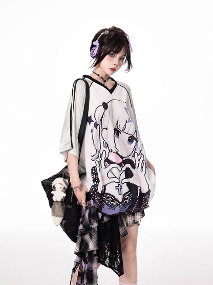 Vintage Cartoon Girl Print Black/Blue/Purple V-neck Loose T-shirt