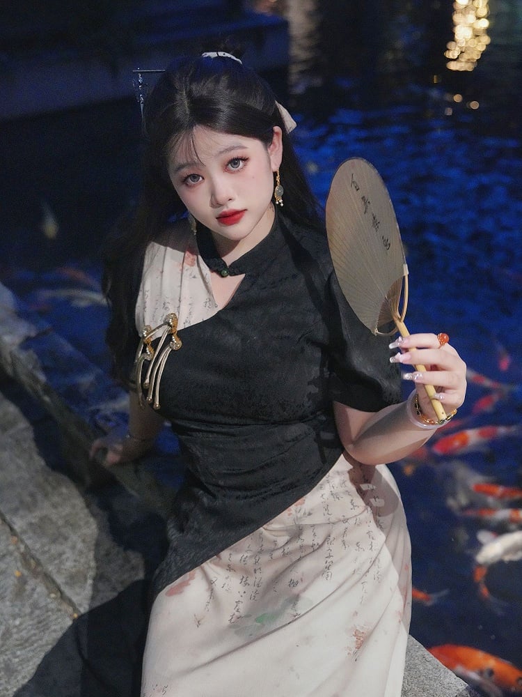 Plus Size Black and White Qipao Dress Side Slit