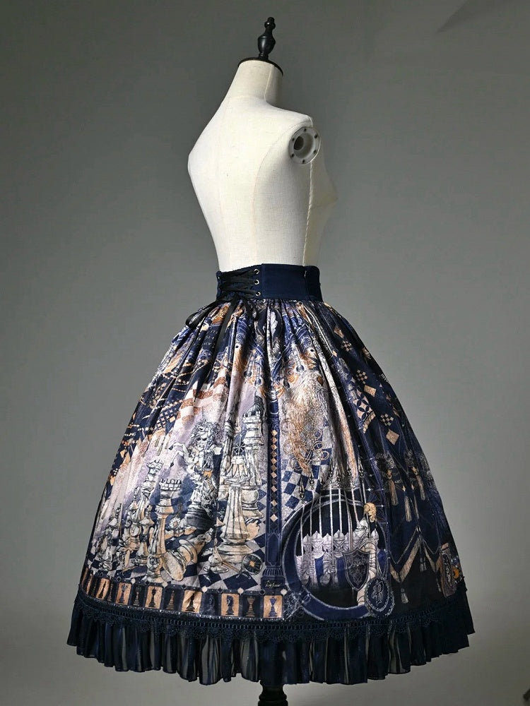 Dark Blue Corset Belt Waist Chess Theme Print Lolita Skirt