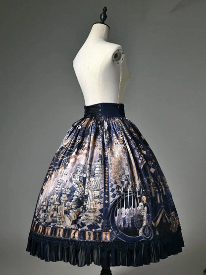 Dark Blue Corset Belt Waist Chess Theme Print Lolita Skirt