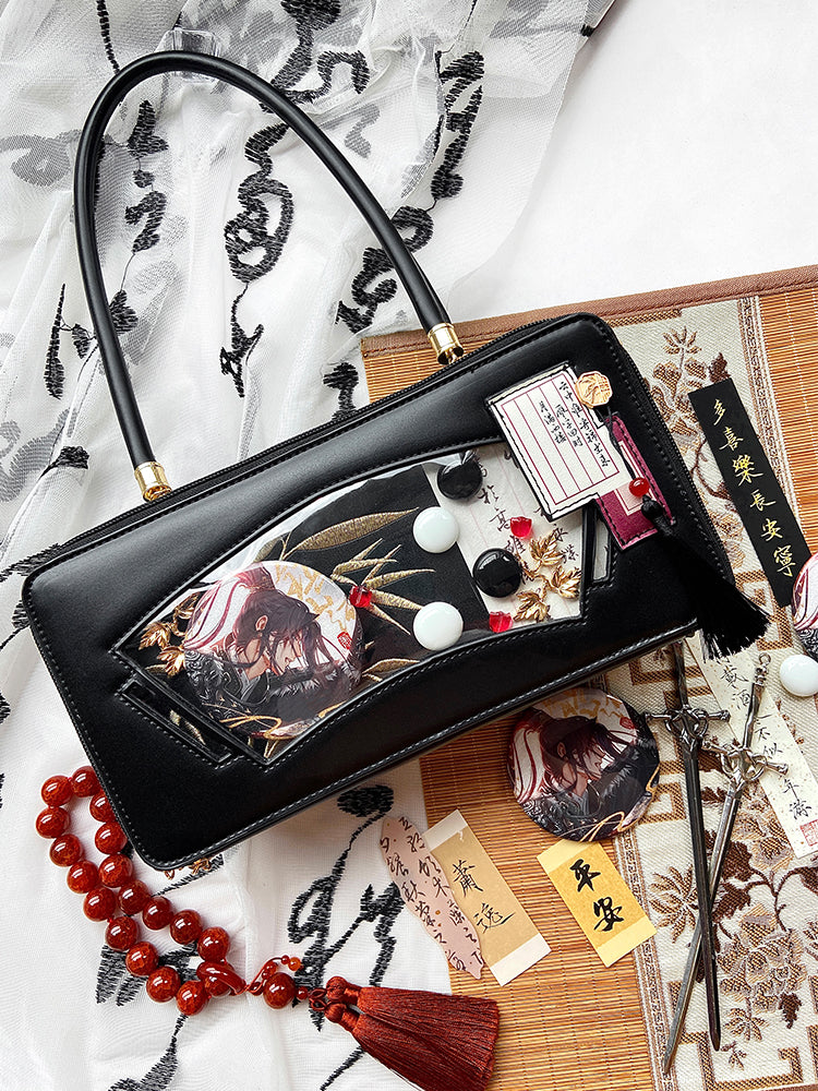 Black Embroidered Bamboo Leaf Cheongsam Style Ita Shoulder Bag with Fringe Charm