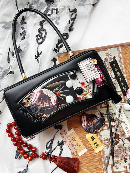 Black Embroidered Bamboo Leaf Cheongsam Style Ita Shoulder Bag with Fringe Charm