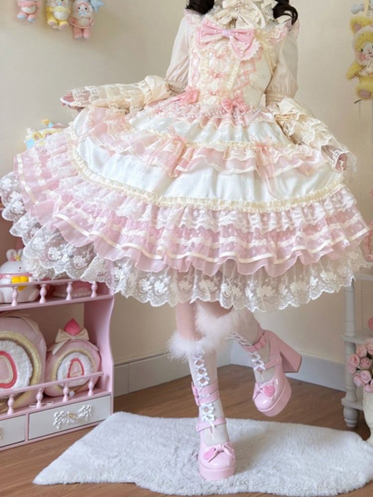 Apricot Bead Chain Bows Decorated Hanayome Lolita Princess Dress