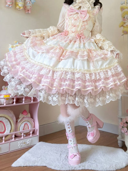 Apricot Bead Chain Bows Decorated Hanayome Lolita Princess Dress