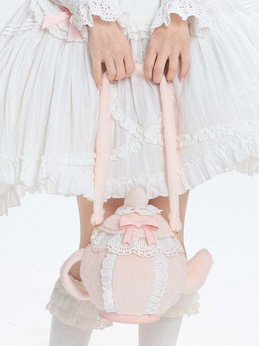 Pink Sweet Lolita Bowknot And Strawberry Decorated Lace Trim Plush Teapot Hand/Crossbody Bag