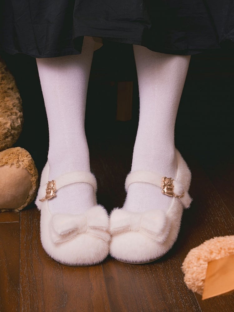 Regular/Thicken Version Off-white Sweet Lolita Plush Flats - Front Bow with Hugging Bear Heart Buckles