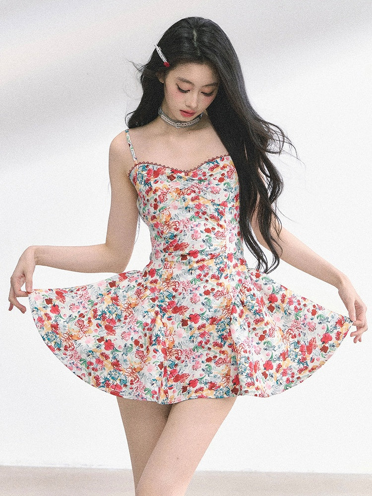 Allover Floral Print Sweetheart Neckline Red Holiday Mini Slip Dress